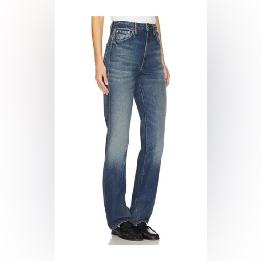 GRLFRND Womens High-Rise Straight Leg Jeans - Medium Blue Wash